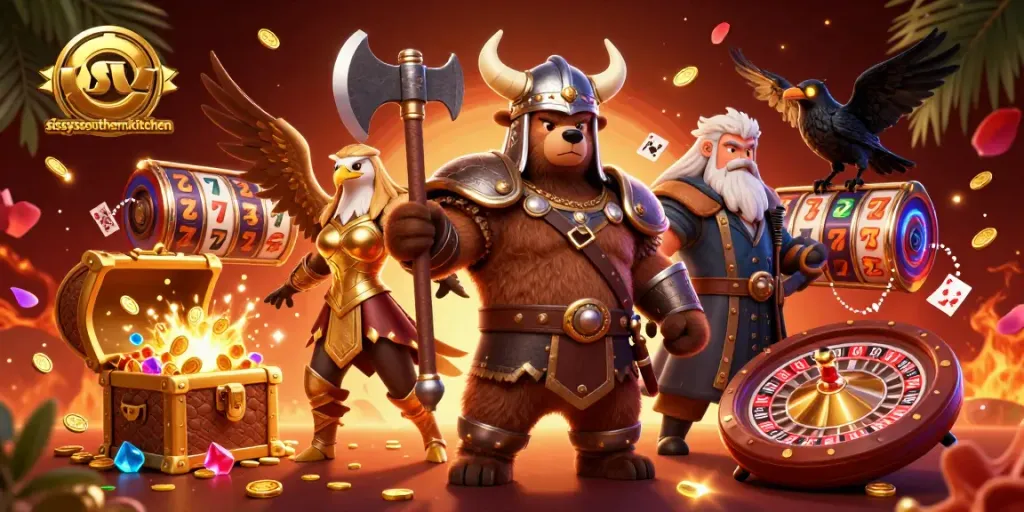 Sissy's Southern Kitchen engages with thrilling live casino action featuring cartoon Viking and Valkyrie elements.