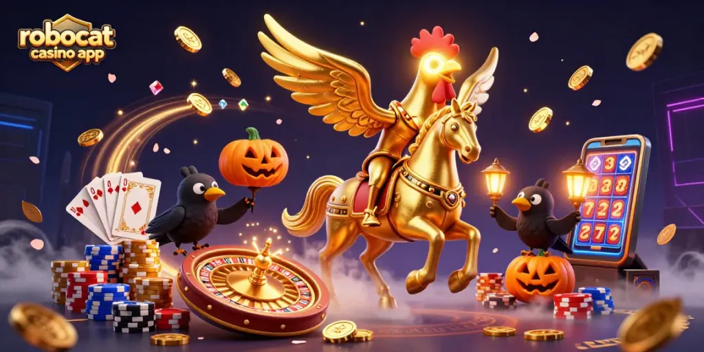 Experience the excitement of robocat casino app with a vibrant 3D illustration featuring dynamic gaming elements.