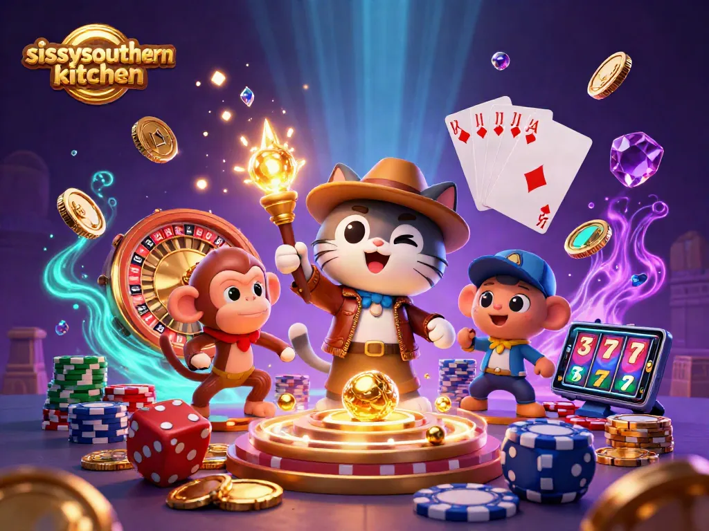 Sissyssouthernkitchen showcases a thrilling 3D casino illustration with vibrant game elements and action.