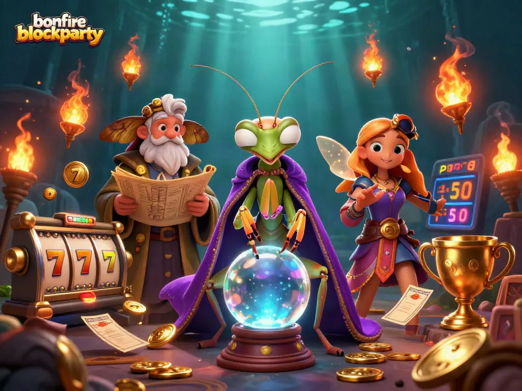 The bonfireblockparty showcases a magical casino scene with fortune tellers and immersive slot elements.