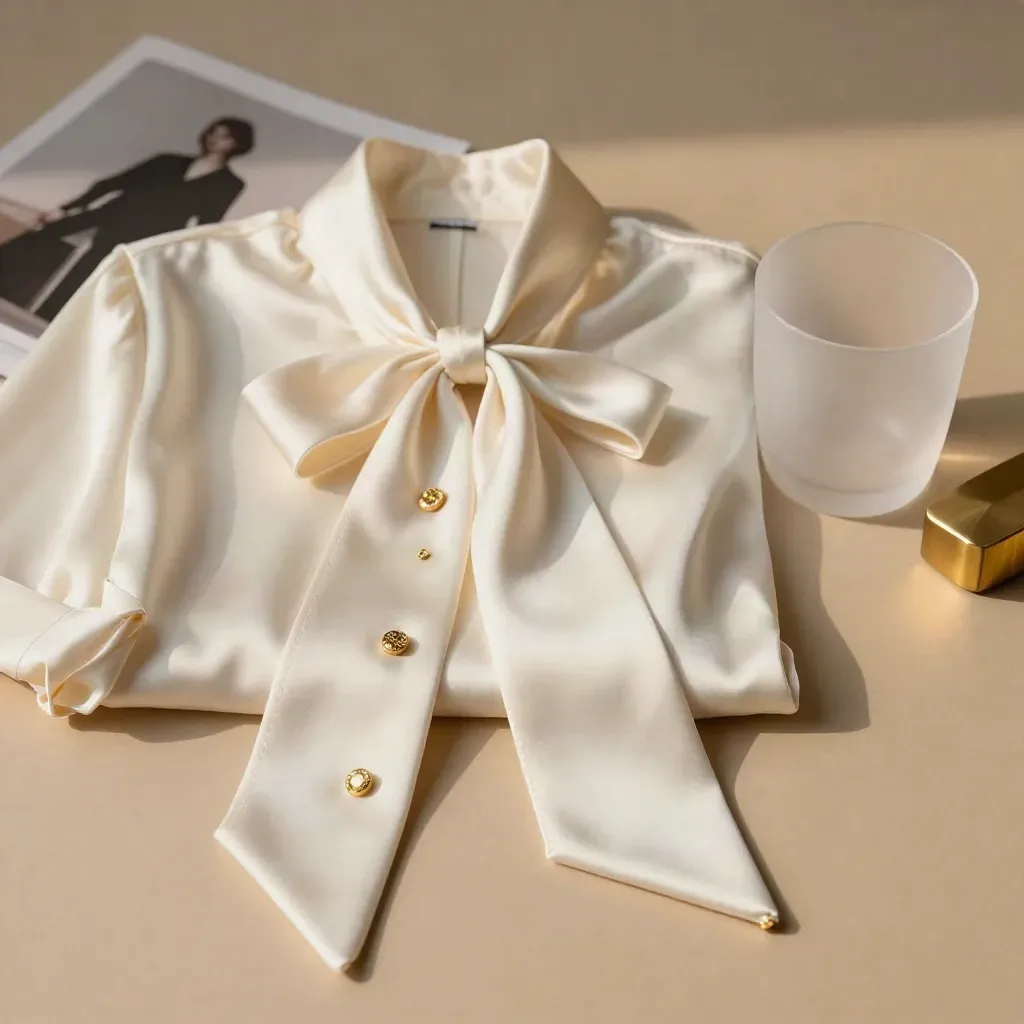 Primer plano de blusa satén mate con lazo, botones nacarados, pañuelo y vaso opalino.