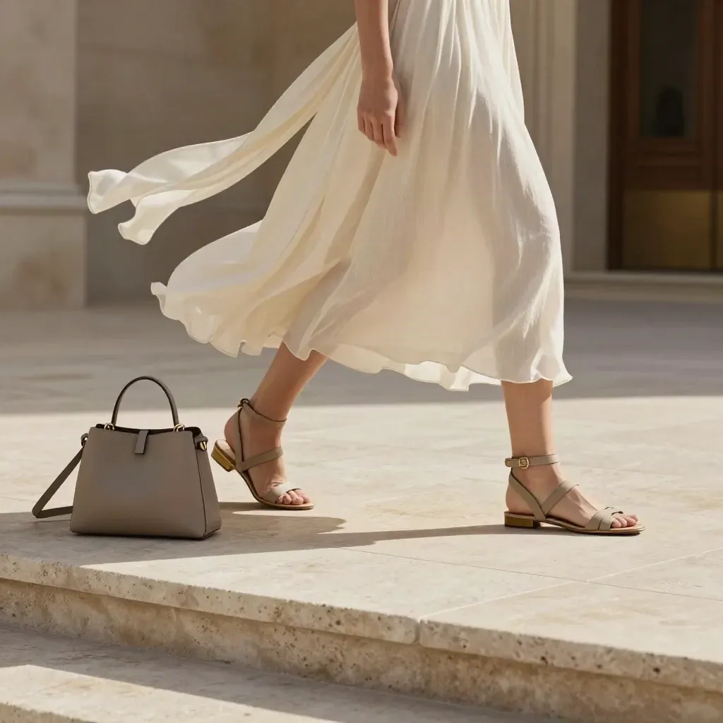 Vestido marfil ligero en terraza de piedra con sandalias, bolso pequeño y pañuelo de gasa.