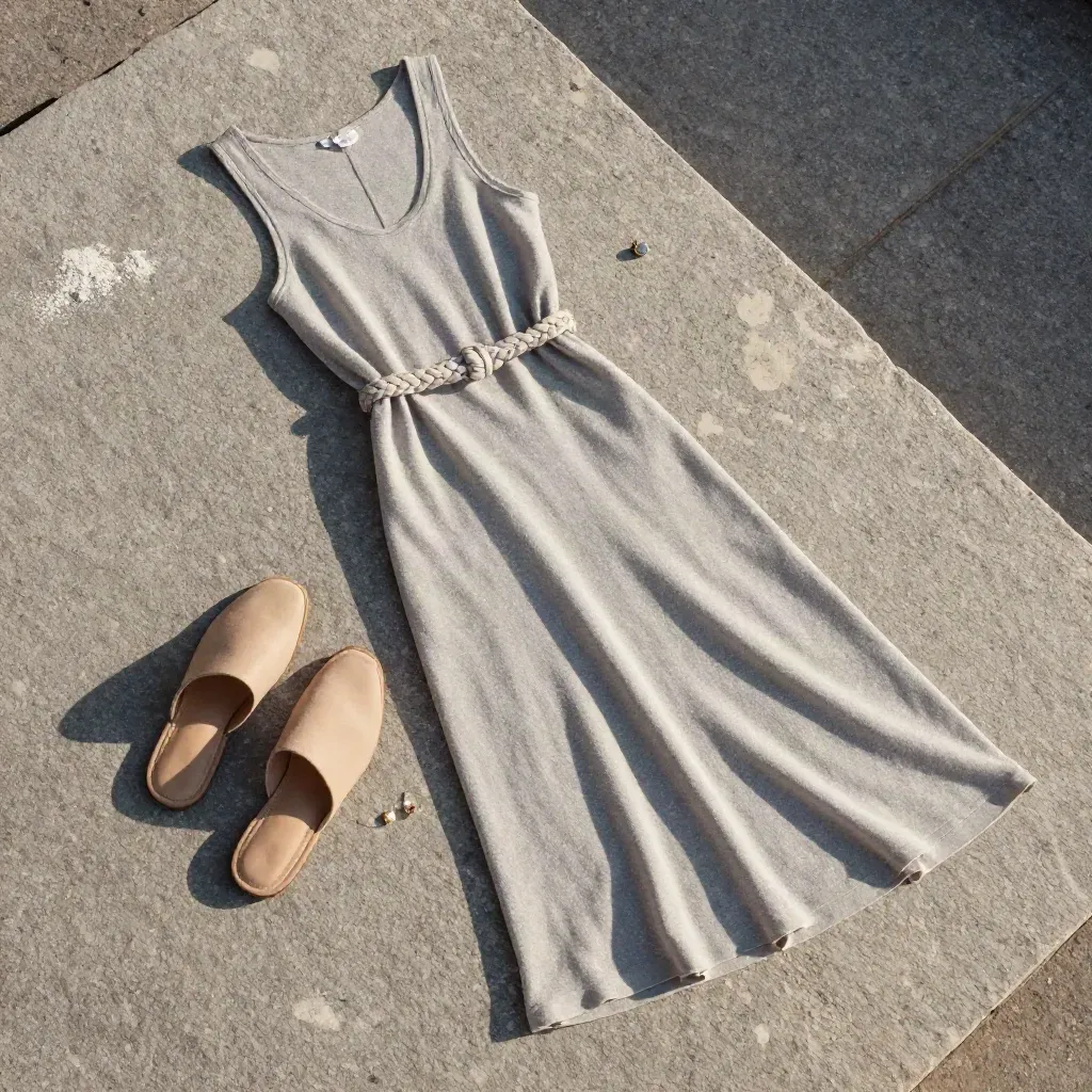 Vestido midi de punto con cinturón trenzado, mules neutras y pendientes sobre piedra seca.