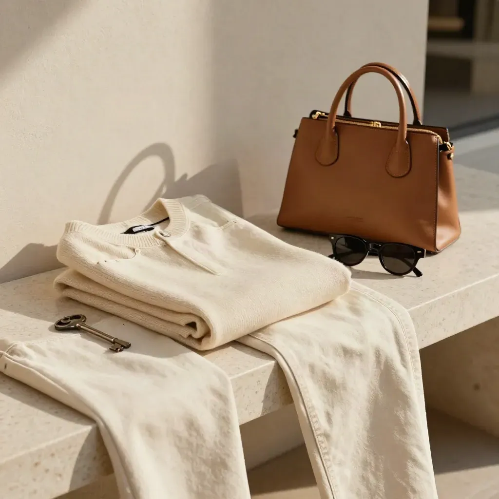 Top de punto crema con vaqueros crudos, bolso mini y gafas oscuras sobre travertino.