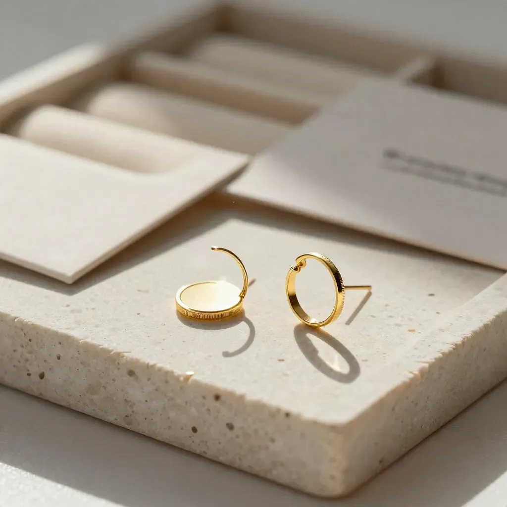 Pendientes dorados sobre piedra crema con caja abierta, luz suave y destello delicado.