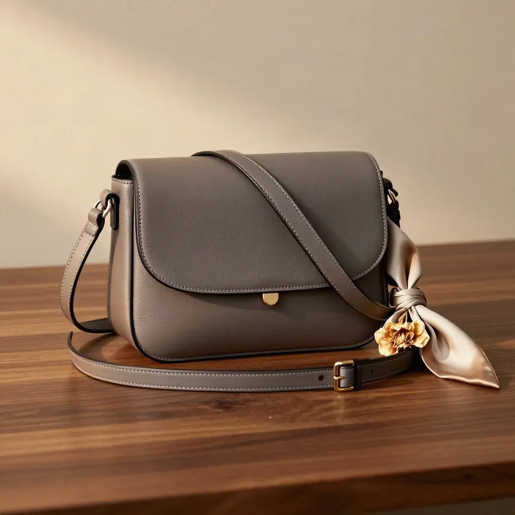 Bolso bandolera de piel con pañuelo neutro y flor seca sobre madera de nogal, luz cálida lateral.