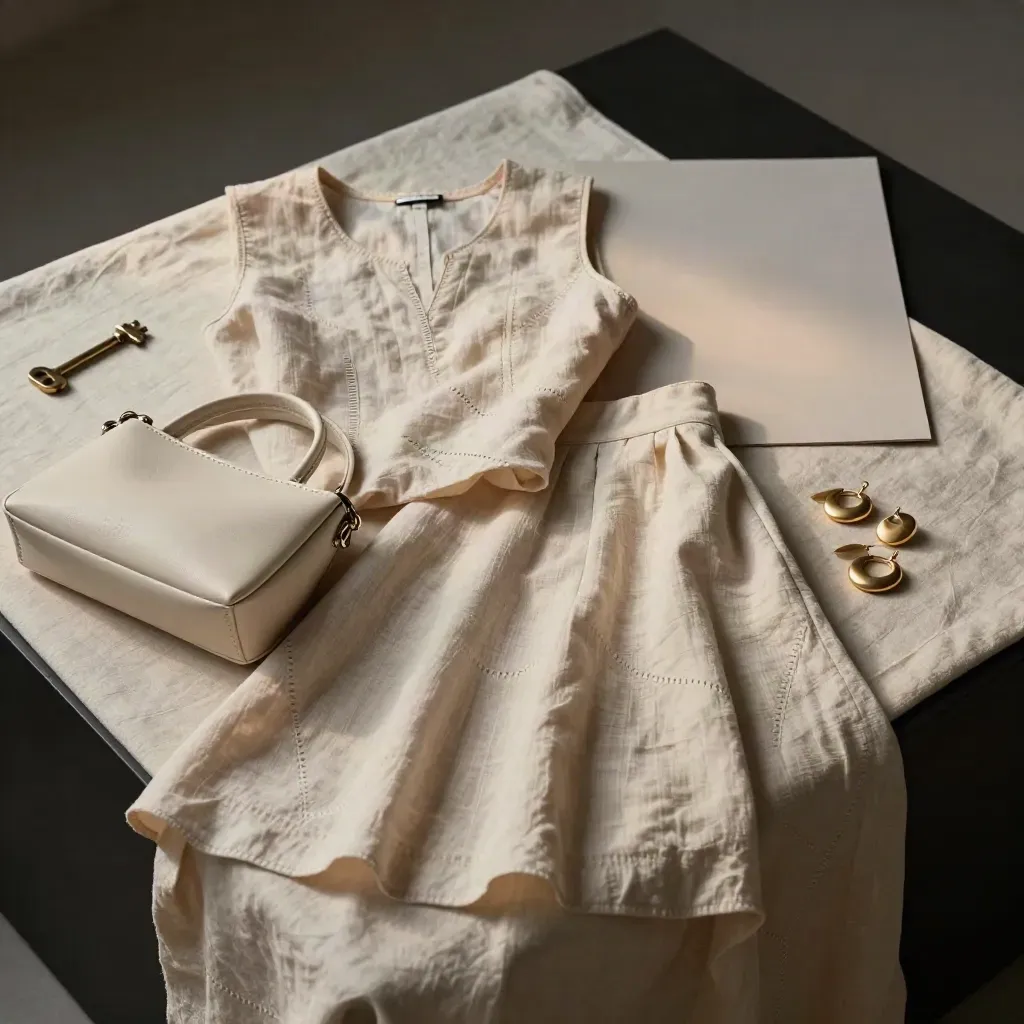 Conjunto veraniego de lino con top, falda, bolso mini y pendientes sobre lino crema.