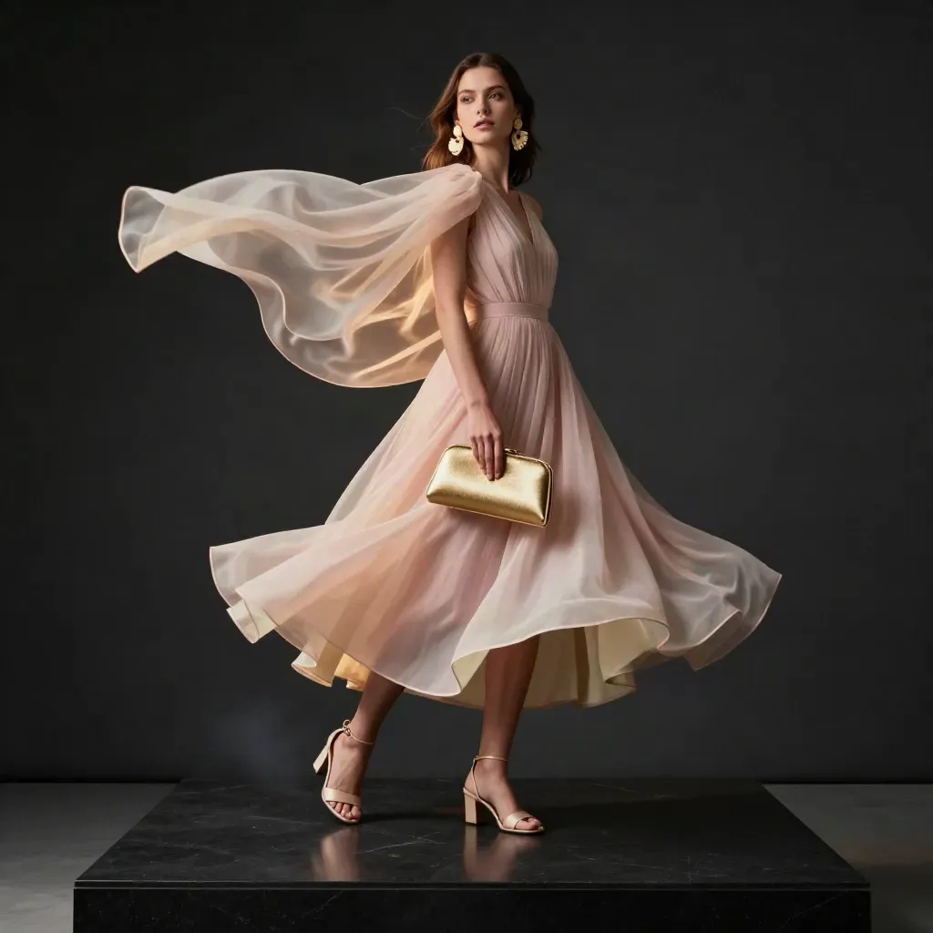 Vestido rosa empolvado con clutch dorado y sandalias nude en luz dramática de estudio.