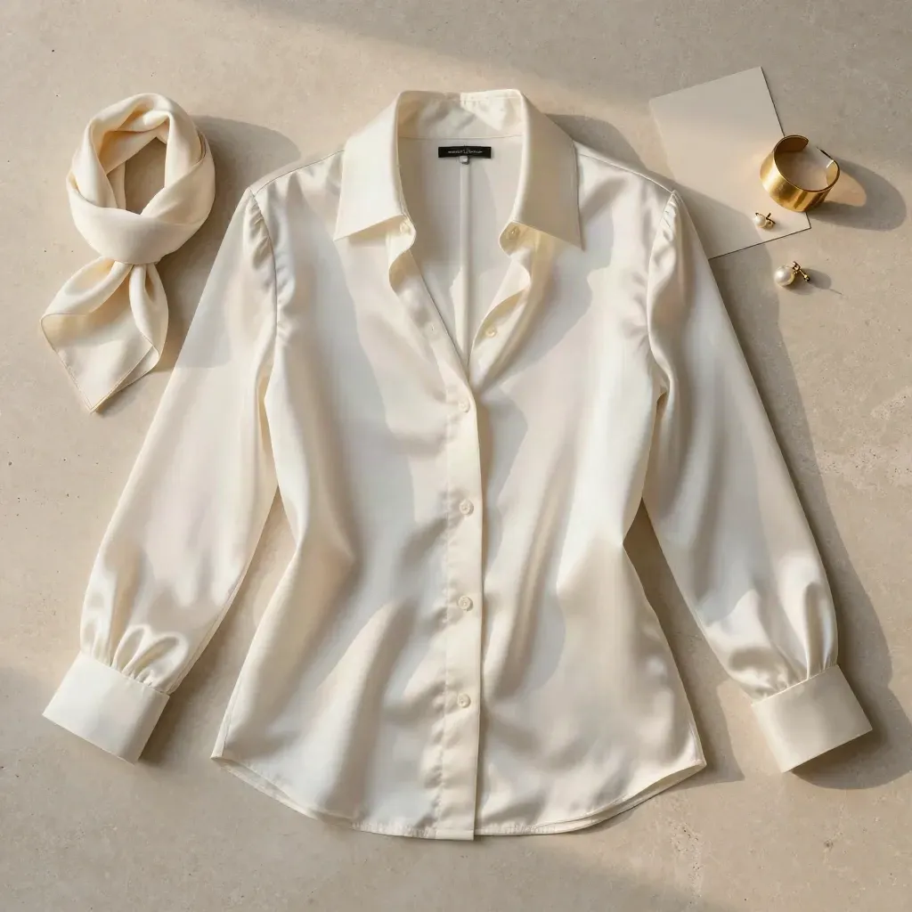 Camisa satinada marfil en cruz sobre piedra clara, con accesorios crema y luz suave cenital.
