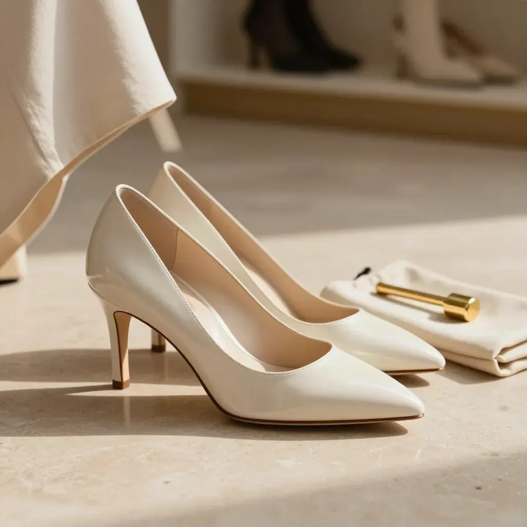 Par de zapatos de salón Mila en tacón medio sobre piedra pulida, con brillo crema y luz suave.