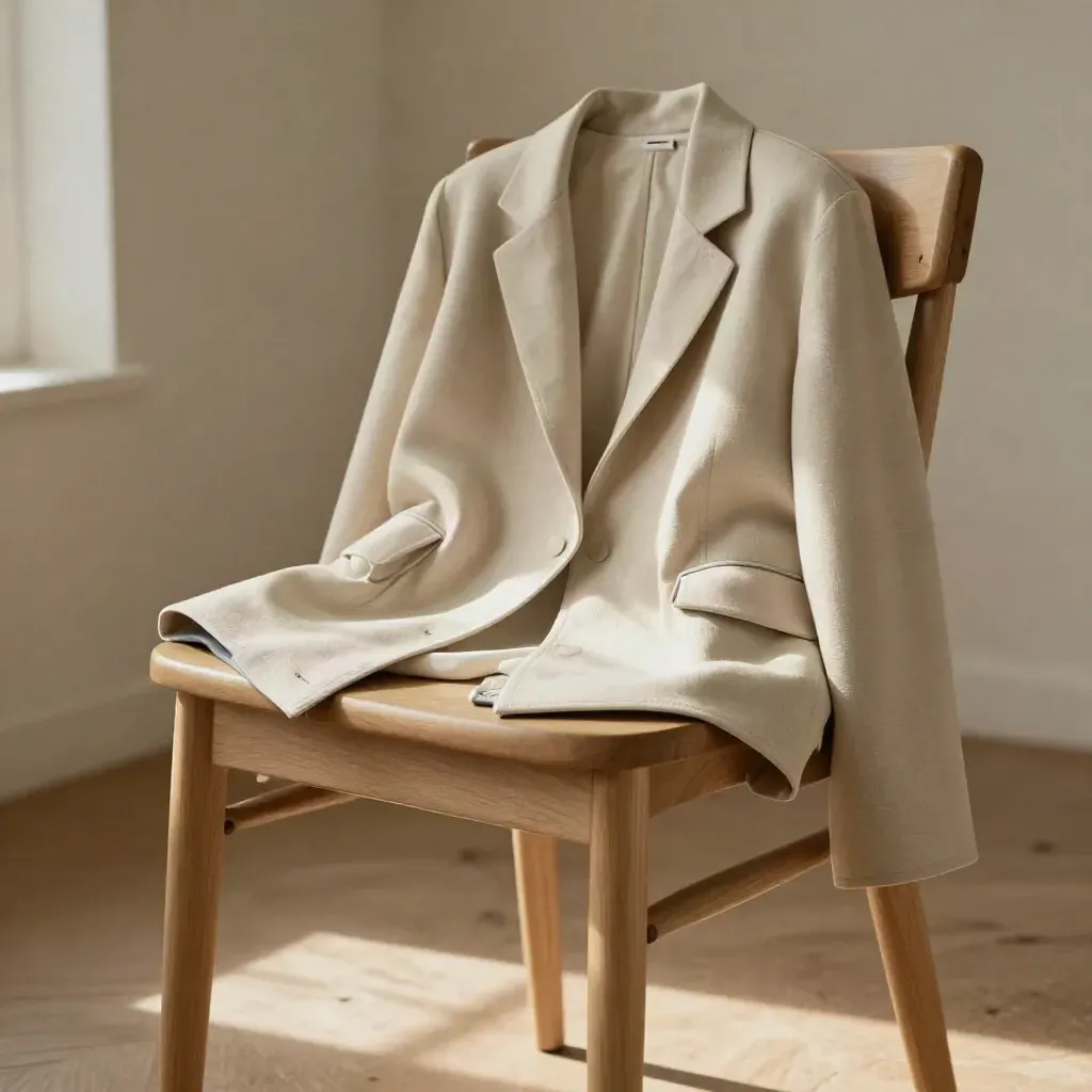 Chaqueta ligera abierta sobre una silla de madera clara con un top doblado y luz suave.