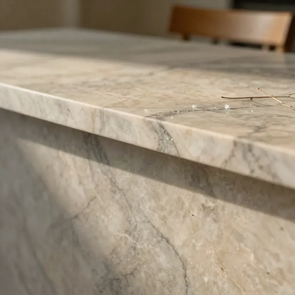 Encimera de mármol veteado con ramas secas y una silla de madera desenfocada arriba.
