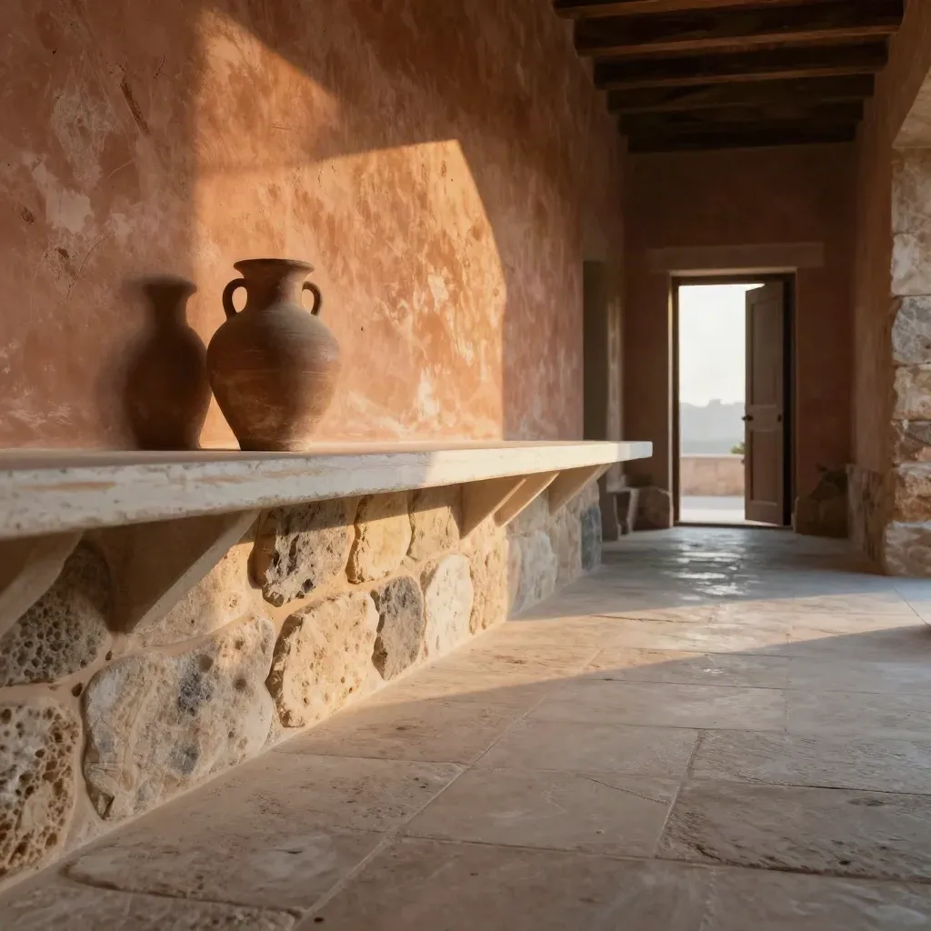 Pasillo de piedra cálida con jarrón vacío y puerta abierta al fondo, luz dorada.