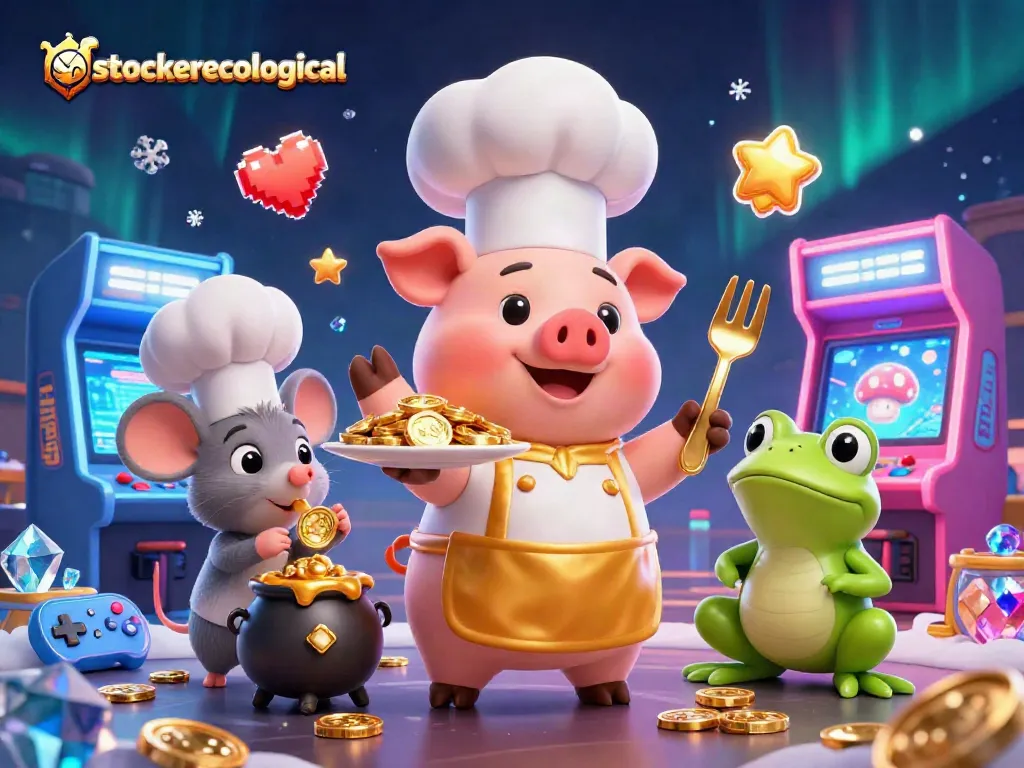 Engage with stoeckerecological's vibrant casino scene with chef pig serving gold coins amidst gaming action.